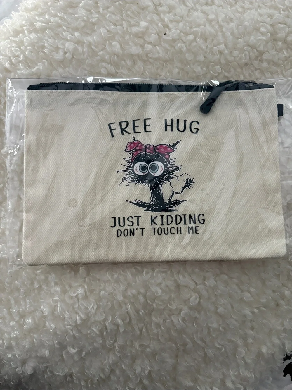 Canvas Pouch with 'Free Hug' Cartoon Print - Cream & Black
